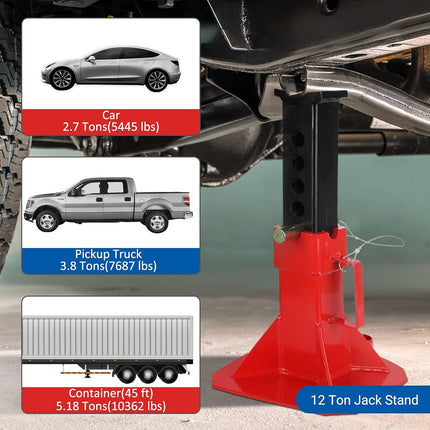 Heavy Duty Car Jack Stand, Heavy Duty Pin Type Professional Car Jack Stand with Lock, Automotive Jack Stands, Adjustable Height 11"-18", 12 Ton (26,400 Lb) Capacity, Red, 1 Pair