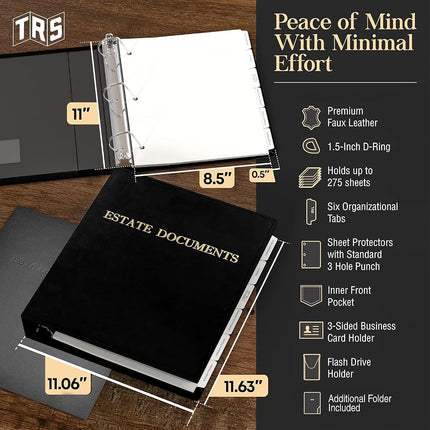 TRS Estate Planning Binder Kit – Pre-Labeled Tabs, Sheet Protectors | 1.5" D-Ring Stitched Faux Leather Organizer for Wills, Trusts, Power of Attorney & End-of-Life Planning | Gold on Black