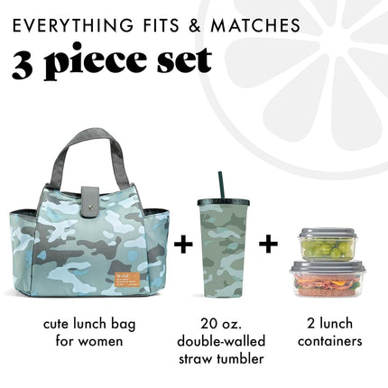 Fit & Fresh Westport Insulated Lunch Bag, Cooler Bag, Lunch Bag for Women with 2 Food Containers & Matching Tumbler Reusable Lunch Box, Perfect for Work, School, Beach & More, Sage Camo