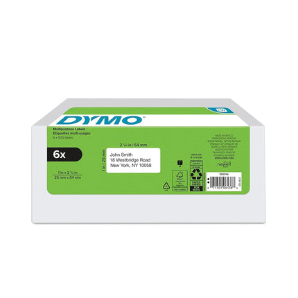 DYMO Authentic LabelWriter Multi-Purpose Labels for LabelWriter Label Printers, White, 1'' x 2-1/8'' (30336), 6 Rolls of 500