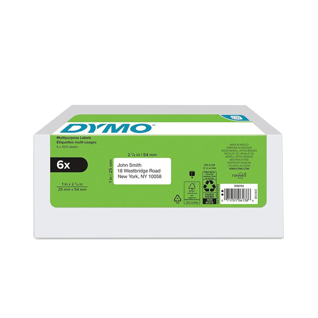 DYMO Authentic LabelWriter Multi-Purpose Labels for LabelWriter Label Printers, White, 1'' x 2-1/8'' (30336), 6 Rolls of 500