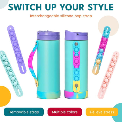 Elemental Iconic Kids Water Bottle - Leak Proof Insulated Water Bottle with Straw Lid & Stress Relief Pop It Handle - Stainless Steel Triple Wall Bottle for School, BPA-Free, 414ml - Blue Tie Dye