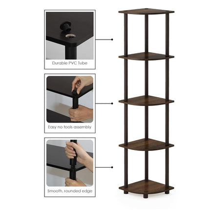Furinno TURN-N-TUBE Set of 2, 5-Tier Corner Shelf, Bookcase, Walnut