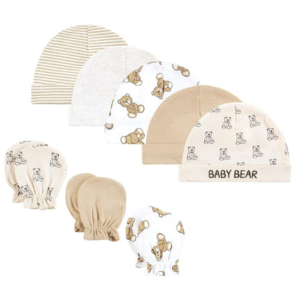 Hudson Baby Unisex Baby Cotton Cap and Scratch Mitten Set, Teddy Bears, 0-6 Months