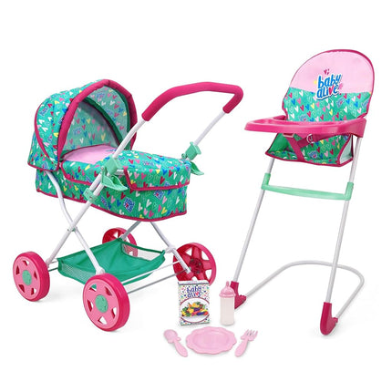 509 Crew Baby Alive: Travel N' Feed Set - 7pcs - Green, Pink, Hearts - Stroller, Highchair, Bag, Feeding Accessories, Set for Dolls Up to 18", Kids Toy, Ages 3+