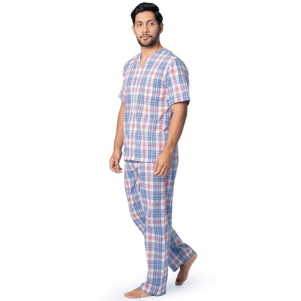 Fruit of The Loom Men's Broadcloth Short Sleeve Top and Long Pants Pajama Set, Ivory/Blue/Red Plaid, Small