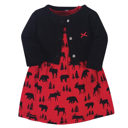 Hudson Baby Baby Girls' Cotton Dress and Cardigan Set, Red Moose Bear, 9-12 Months