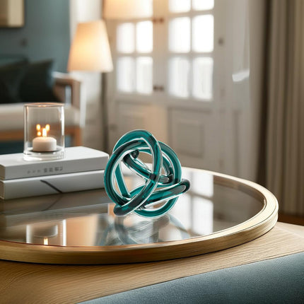 Torre & Tagus Glass Ball with Infinity Knots, Blue-Green, 3-inch Diameter