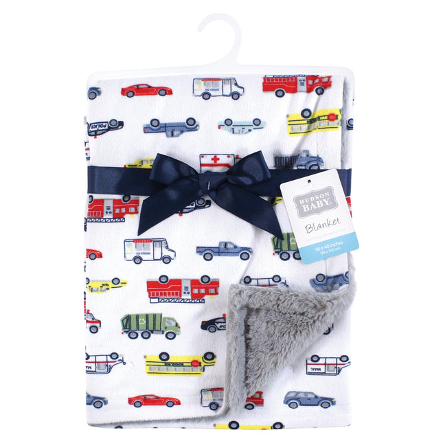 Hudson Baby Unisex Baby Plush Blanket with Furry Binding and Back, Going Places, One Size