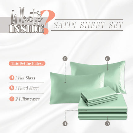 Elegant Comfort Luxurious 4-Piece Silky Satin Sheet Set, Skin and Hair Friendly, Wrinkle, Fade, Stain Resistant with Deep Pockets Fitted Sheet, Cooling Soft Satin Sheet Set, Queen, Mint Green