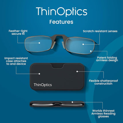 ThinOptics Folding Reading Glasses 2.00, Black, Case, for Men and Women