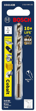 BOSCH CO2143B 1-Piece 1/4 in. x 4 in. Cobalt M42 Metal Drill Bit with Three-Flat Shank for Drilling Applications in Stainless Steel, Cast Iron, Titanium, Light-Gauge Metal, Aluminum