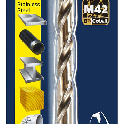 BOSCH CO2143B Broca de cobalto M42 de 1 pieza de 1/4 pulg. x 4 pulg. con vástago de tres planos para aplicaciones de perforación en acero inoxidable, hierro fundido, titanio, metal de calibre ligero y aluminio