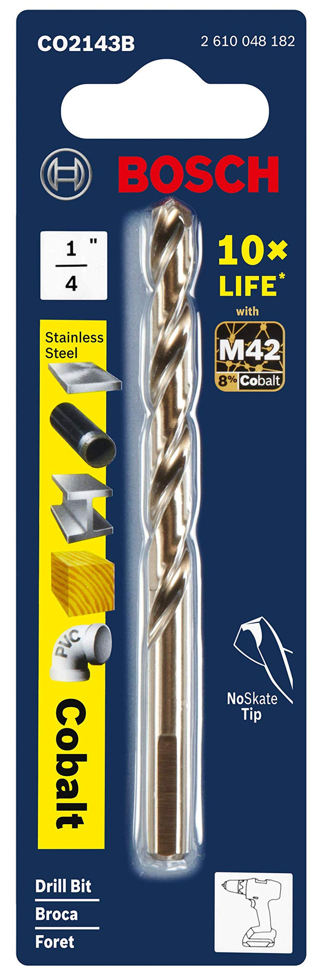 BOSCH CO2143B Broca de cobalto M42 de 1 pieza de 1/4 pulg. x 4 pulg. con vástago de tres planos para aplicaciones de perforación en acero inoxidable, hierro fundido, titanio, metal de calibre ligero y aluminio