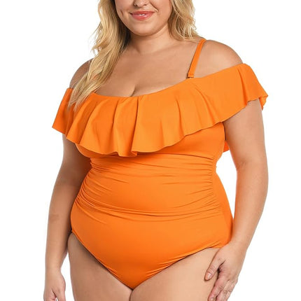 Maillot de bain une pièce à volants épaules dénudées La Blanca Island Goddess pour femme, mandarine, 22 Plus