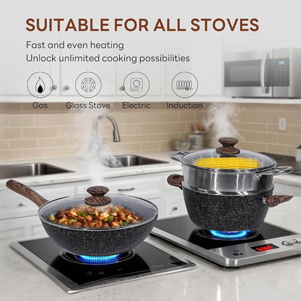 Batterie de cuisine antiadhésive, 17 pièces, avec poêles, casseroles, cuiseur vapeur, non toxique, compatible four et tous feux, couvercles en verre et poignées froides, noir