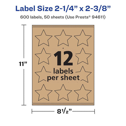 Étiquettes en forme d'étoile Avery Kraft Marron avec Sure Feed, 57,15 x 60,32 mm, 600 étiquettes Kraft Marron, impression bord à bord, étiquettes imprimables laser/jet d'encre
