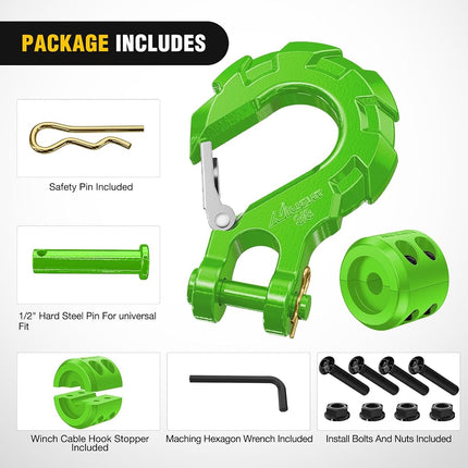 Nilight Forged Steel Winch Hook 3/8" Grade 70 Safety Latch Winch Cable Hook Stopper & Clevis Slip Hook Sets, Included Allen Wrench,Max 35,000 lbs,2 Years Warranty, Green