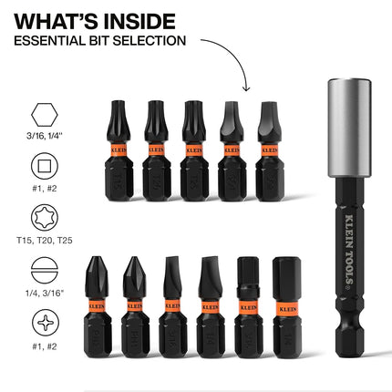 Klein Tools 33801S Impact Driver Bit Set, 12-Piece, S2 Steel, MODbox Compatible Storage Case, Magnetic Bit Holder, Professional Driver Bits