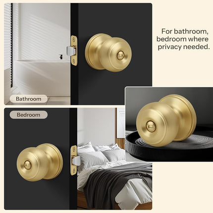 LOQRON Brushed Gold Flat Ball Door Knob with Lock, Keyless Privacy Round Design Doorknob for Bathrooms/Bedrooms, Satin Brass Finish