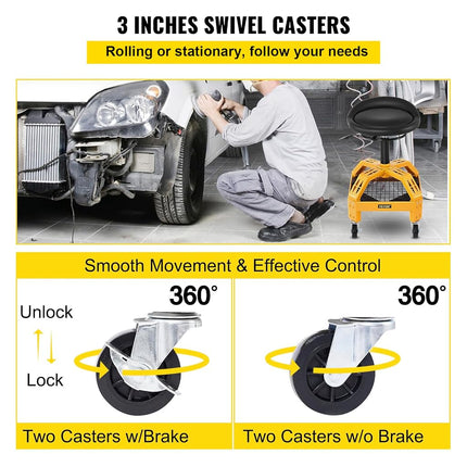 VEVOR Rolling Garage Stool, 300LBS Capacity, Adjustable Height from 24 in to 28.7 in, Mechanic Seat with 360-degree Swivel Wheels and Tool Tray, for Workshop, Auto Repair Shop, Yellow
