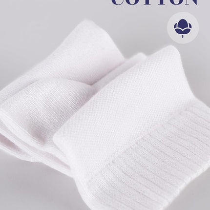 HUGH UGOLI Women's Cotton Diabetic Ankle Socks, Wide, Thin, Loose Fit and Stretchy, Seamless Toe & Non Binding Top, 4 Pairs, White, 6-9