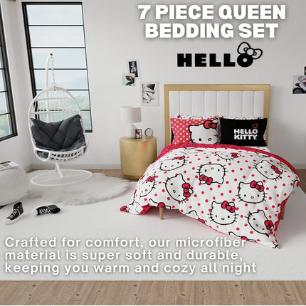 Franco Comforter and Sheet Set, Microfiber, Hello Kitty, 7 Piece Queen Size