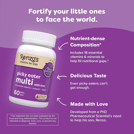 Renzo's Picky Eater Kids Multivitamin - Vegan Multivitamin for Kids with Iron, Vitamin C, and Zero Sugar, Dissolvable and Easy To Take Kids Vitamins, Cherry Flavored Childrens Vitamins [60 Melty Tabs]