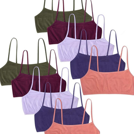 Fruit of The Loom Paquetes económicos de sostenes de entrenamiento para niñas grandes disponibles en algodón y sin costuras, lila/atardecer desértico/verde oliva/terciopelo morado/arándano, mediano