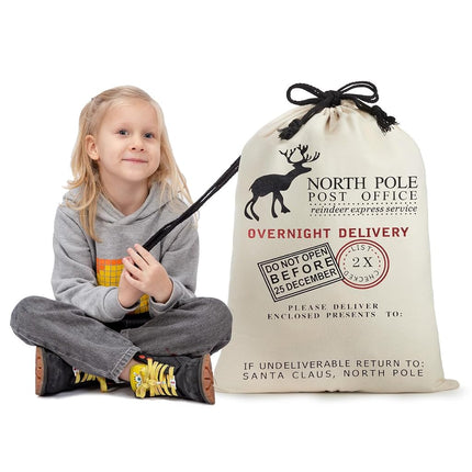 JOYIN 3 PCS Christmas Large Canvas Gift Bag 26" x 19", Drawstring Santa Burlap Sack Reusable Personalized Cloth Pouch for Xmas Presents Package, Party Supplies, Hoilday Decoration, Black&White&Red