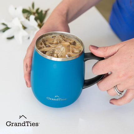 GrandTies Insulated Coffee Mug with Handle - Sliding Lid for Splash-Proof 16 oz Wine-Glass Shape Thermal Tumbler with Double Walled Vacuum Stainless Steel to Keeps Beverages Hot or Cold (Cobalt Blue)