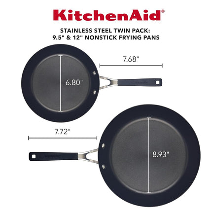KitchenAid Stainless Steel Nonstick Frying Pans/Skillet Set, 9.5 Inch and 12 Inch - Brushed Stainless Steel