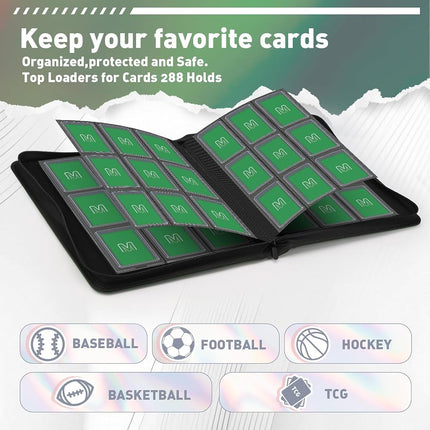 Toploader Binder,Trading Card Binder Storage Hold up 288 Cards 9-Pocket Top Loader Binder with Sleeves for 3"x4" Rigid Toploaders Hard Cases (9Deep Green)