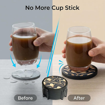 Absorbent Coasters for Drinks with Holder - 6packs, Silicone Coasters with Soft Felt Insert (4.3 inch Coasters with 4.5 inch Holder, Dual-Sided Flower -Themed Patterns)
