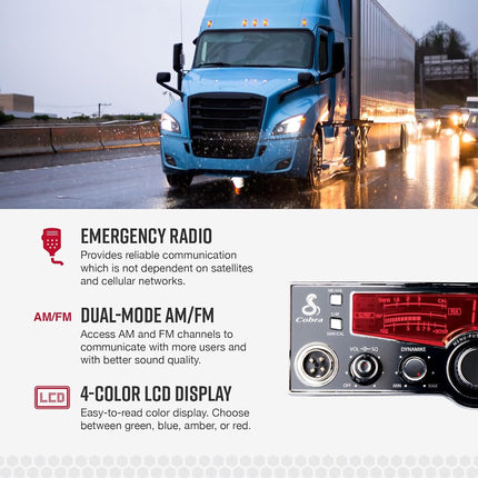 Radio CB Profesional Cobra 29LX AM/FM - Radio de Emergencia, Artículos Esenciales para Viaje, Canales Meteorológicos NOAA y Sistema de Alerta de Emergencia, Pantalla LCD de 4 Colores Seleccionables, Escaneo Automático, Negro