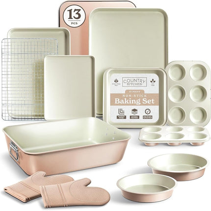 Country Kitchen Nonstick Stackable Bakeware Set - Deluxe Heavy Duty, Durable, Easy Release Baking Set, Taupe, 13 Pcs with Handles