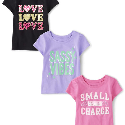 The Children's Place Baby-Girls and Toddler Girls Short Sleeve Graphic T-Shirts, 3 Pack, Sassy Vibes/Love Love/Small in Charge, 3T
