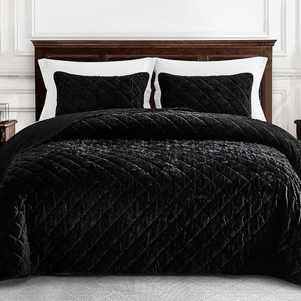 Chezmoi Collection Lux Black Velvet Quilt Oversized King Set, 3-Piece Plush Distressed Velvet Bedding All Season Lightweight Comforter Brushed Microfiber Reverse with Diamond Stitch Quilting