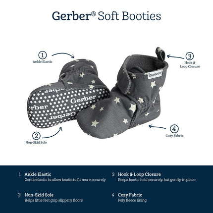 Gerber Baby Fleece Lined Wrap Fasten Non Skid Soft Slipper Booties, Grey Star, 6 9_Months Unisex Infant