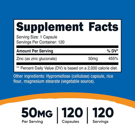 Nutricost Zinc Gluconate 120 Veggie Capsules (50mg) - Gluten Free and Non-GMO