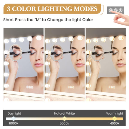 GAOMON 2024 New Vanity Mirror with Lights, Elegant Lighted Vanity Mirror, 15 LED Bulbs, 3 Light Settings, 3X Zoom Mirror - Detachable, Tabletop Design with Metal Frame, White (23" x 18")