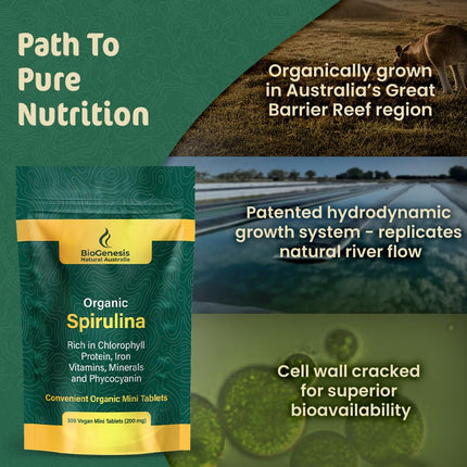 BioGenesis Organic Spirulina Mini Tablets – 300 Count | Australian Grown Blue-Green Algae | Rich in Phycocyanin, Chlorophyll & B Vitamins | Supports Daily Energy, Detox & Immunity | Vegan