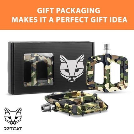 JETCAT Mountain Bike Pedals Flat - MTB Pedals Flat, Bicycle Pedals for BMX/MTN/Road/Gravel/EBike, BMX Pedals, Platform Pedals, Adults & Kids Bike Replacement - Camouflage 9/16
