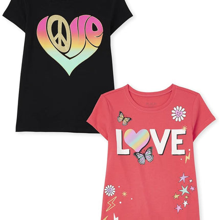 The Children's Place T-shirts graphiques à manches courtes pour filles Kindness, Love, Equality Lot de 2, Cœur signe de paix/Amour Lot de 2, Taille XL