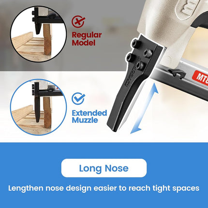 meite MT8016LN Pneumatic Staple Gun Extended Nose Upholstery Stapler Accepts 21 Gauge 12.8mm Crown Accepts 6-16mm, Air Stapler Gun for Furniture Sofa Fabric Bedding Cabinetry Woodworking