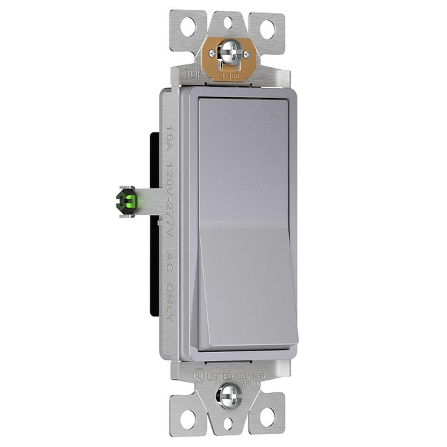 Enerlites Light Switch On/Off Paddle Wall Switch 91150-SV | 15 Amp, 120V/277V, AC, Single Pole, 3 Wire, Grounding Screw, Residential Graded Light Switch, UL Listed, Silver Color