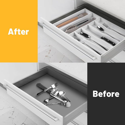 oridom Kitchen Bamboo Silverware Organizer, Kitchen Drawer Organizer - Utensil Holder and Cutlery Tray with Grooved Drawer Dividers for Flatware 7 Slot, White