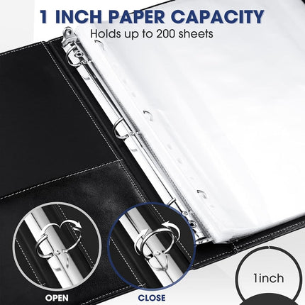 Marspark 2 Pcs Vintage Hardback 3 Ring Binder Professional Leather Binder Organizer Round Rings Holds 200 Sheets with 2 Inner Pockets(1 Inch,Black)