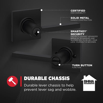 Kwikset Casey Entry Door Handle with Lock and Key, Secure Keyed Reversible Lever Exterior, for Front Entrance and Bedrooms, Matte Black, Pick Resistant Smartkey Rekey Security and Microban