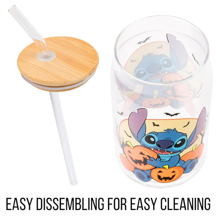 Silver Buffalo Disney Lilo and Stitch Halloween Spooky Pumpkin Patch Jack-O-Lantern Glass Jar Tumbler with Bamboo Lid and Glass Straw, 16 Ounces